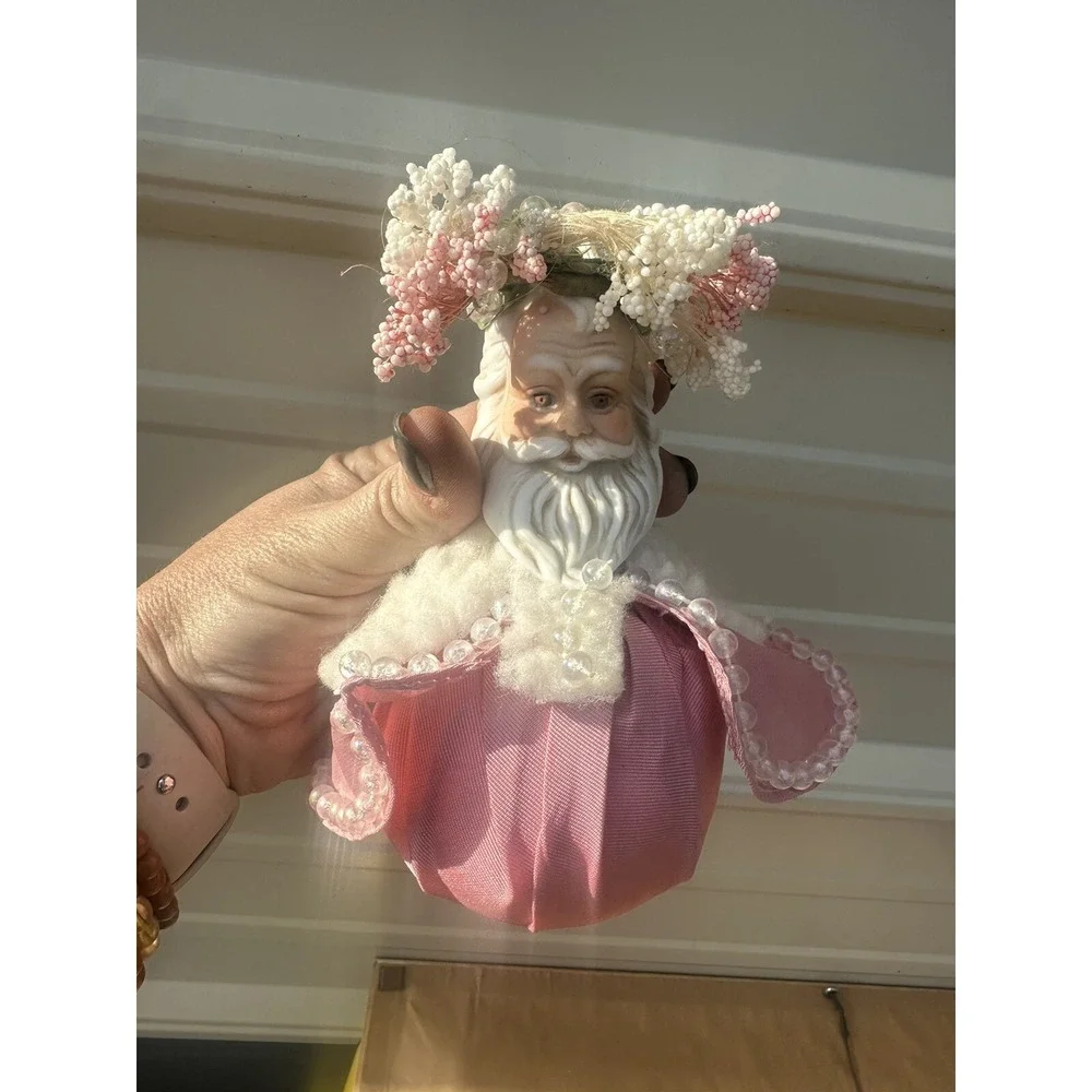 Vintage/ Antique Santa Head Ornament Victorian style Hand Painted Pink